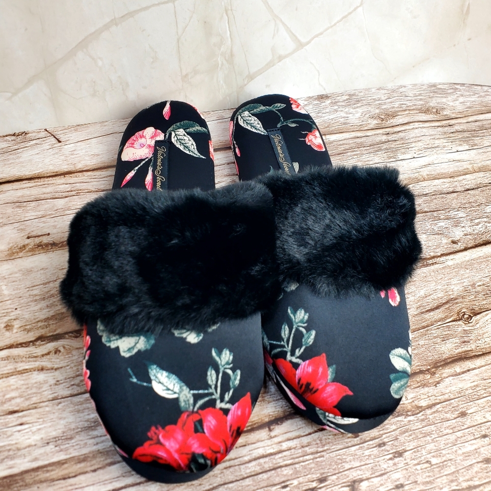 Victoria Secret Black and Red Slippers with Floral Fur